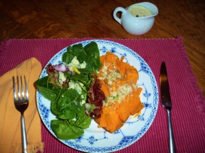 Sweet potato with Coconut-ginger cream sauce with fresh greens